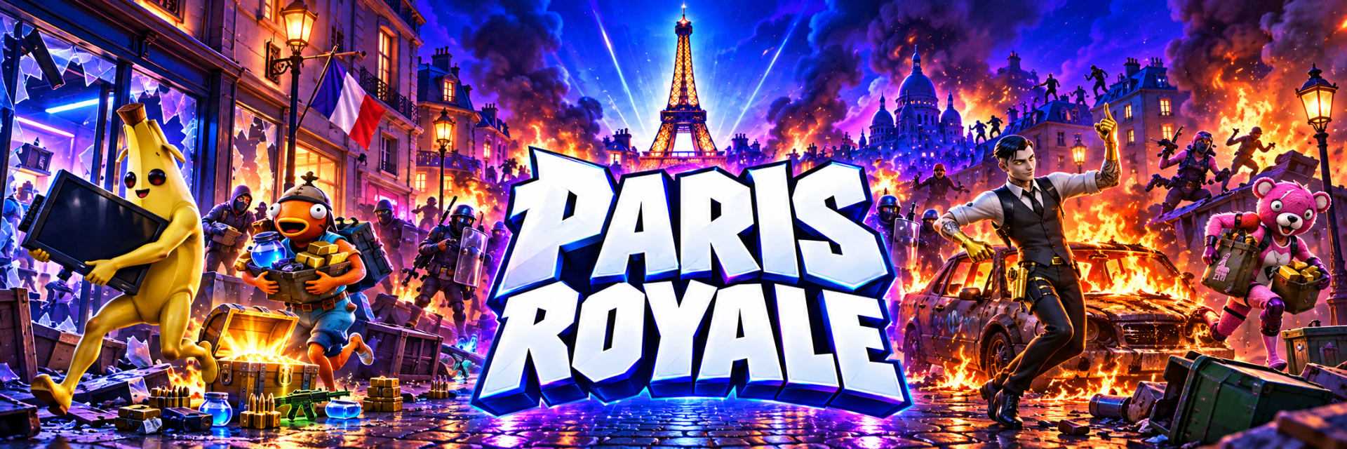 PARIS ROYALE key art: characters looting a burning Paris street at night
